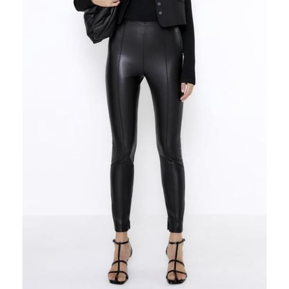 ZARA Faux Leather Skinny Pants High Waist Pleated Ankle Zip Leggings, Black